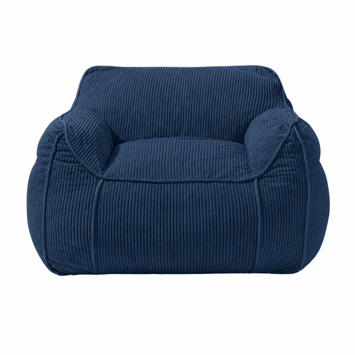 Pouf fauteuil en velours côtelé bleu foncé, dossier haut avec coussin d’assise